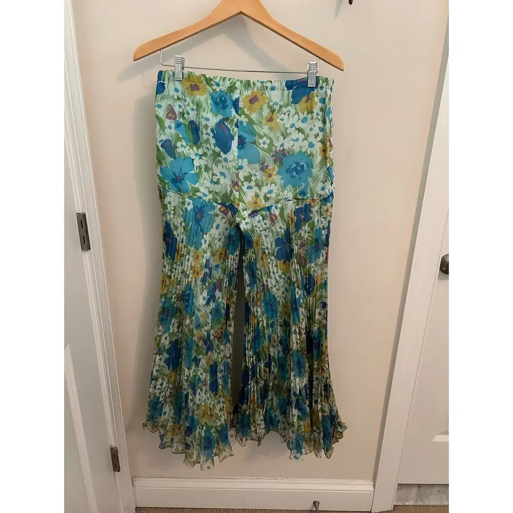 Vintage 60s 70s Floral Plissé Accordion Pleated Palazzo Pants, 28–30 Waist
